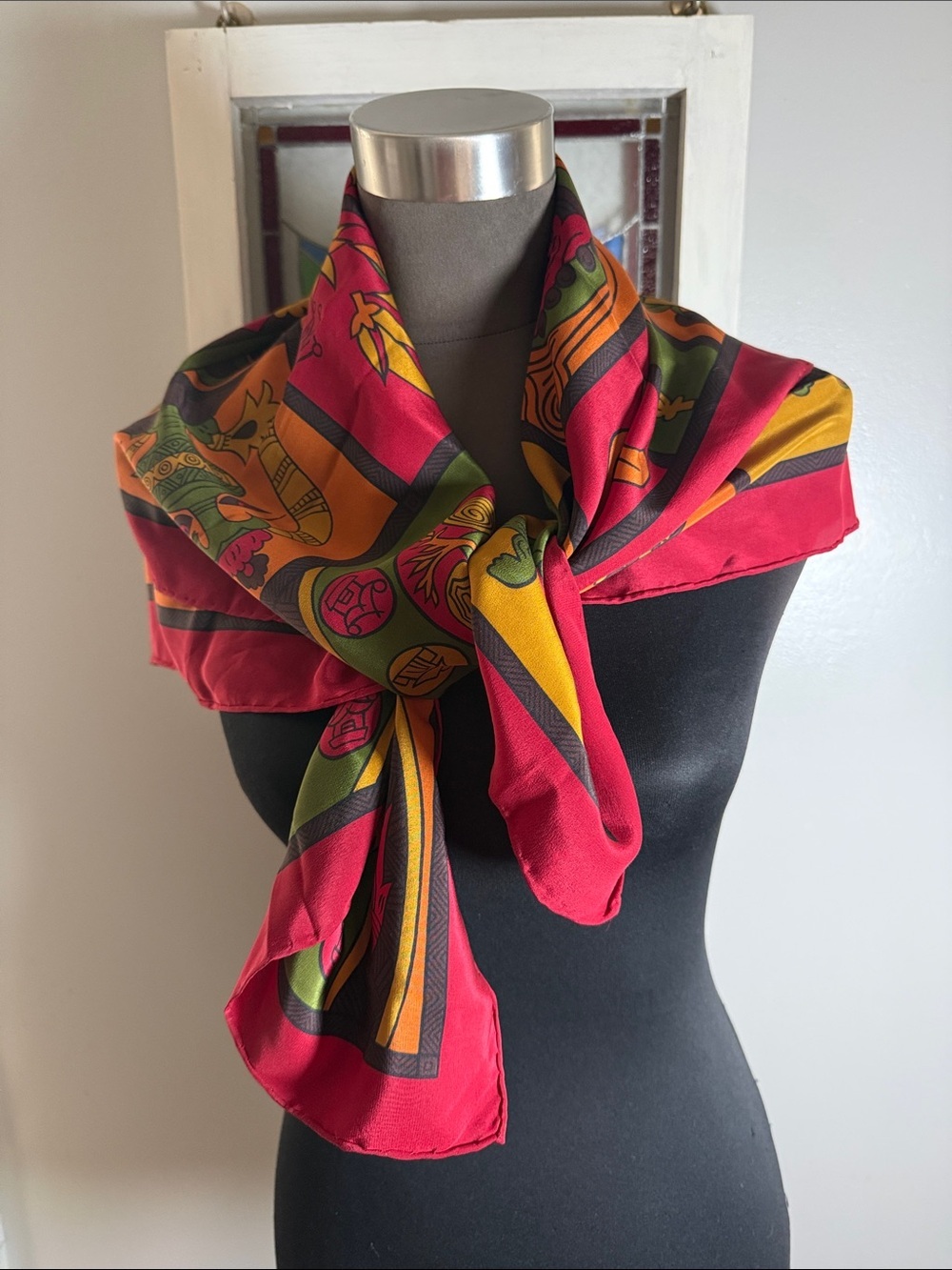 Vintage Doncaster 100% Silk Scarf – Vibrant Red Multi-Color Ethnic/Tribal Print